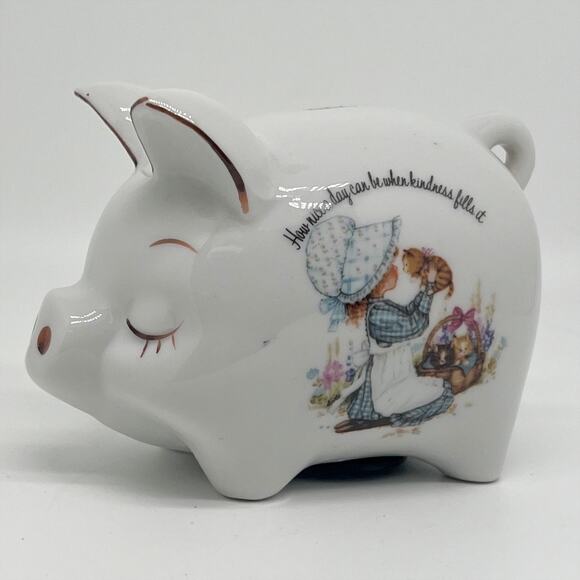 🎁 Vintage 70s Petticoats and Pantaloons Porcelain Piggy Bank Girl and Kittens - Picture 1 of 9